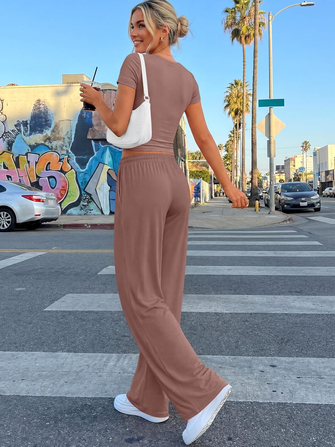 Trendy Queen 2 Piece Summer Lounge Set - Women's Side Ruching Top & Wide Leg Pants with Pockets