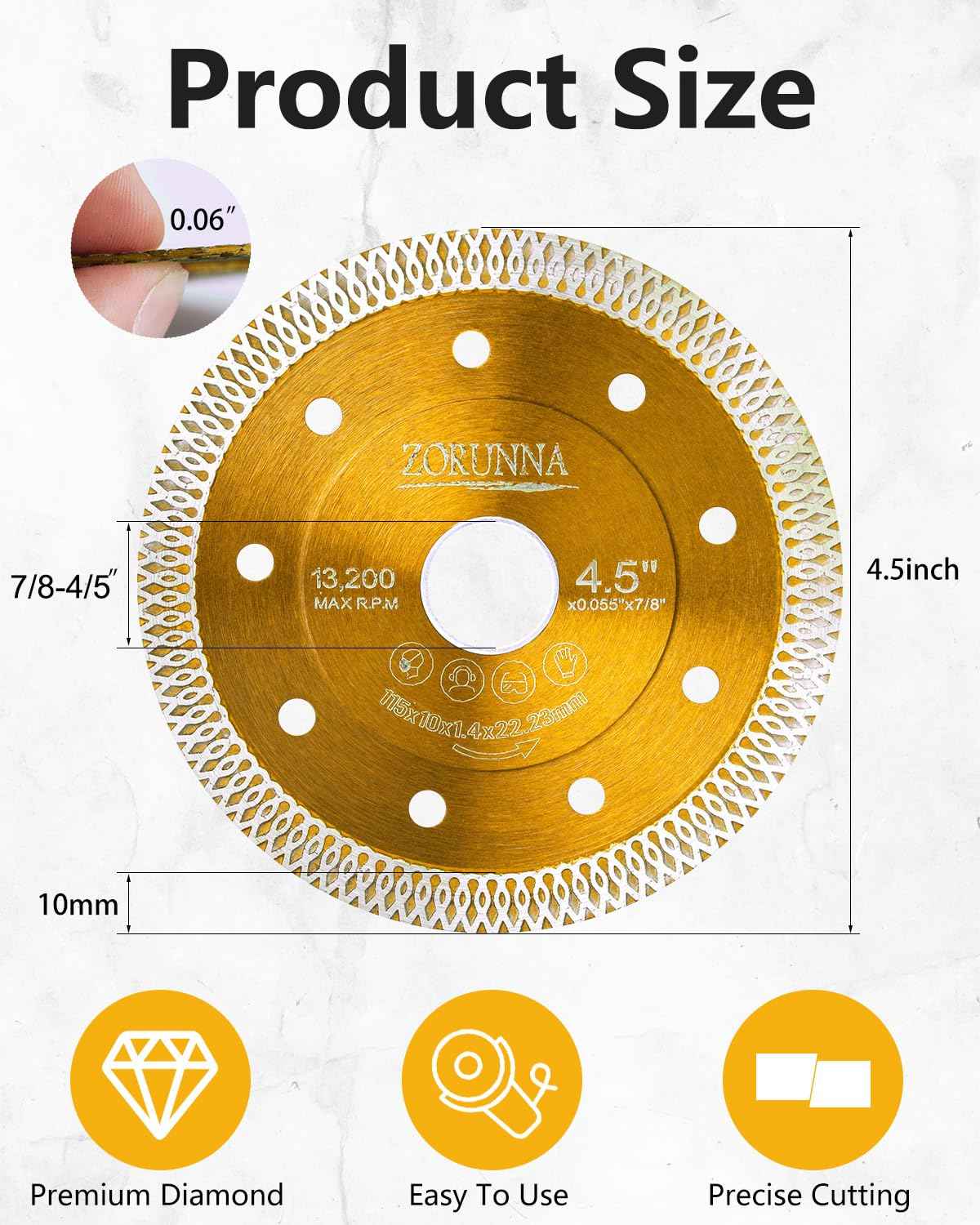 ZORUNNA 5Pcs Diamond Blade for Angle Grinder, Super Thin 4.5" Diamond Blade for Grinder, Chip-Free Tile Cutting Blade for Dry and Wet Cutting Porcelain Ceramic Granite Marble Tile