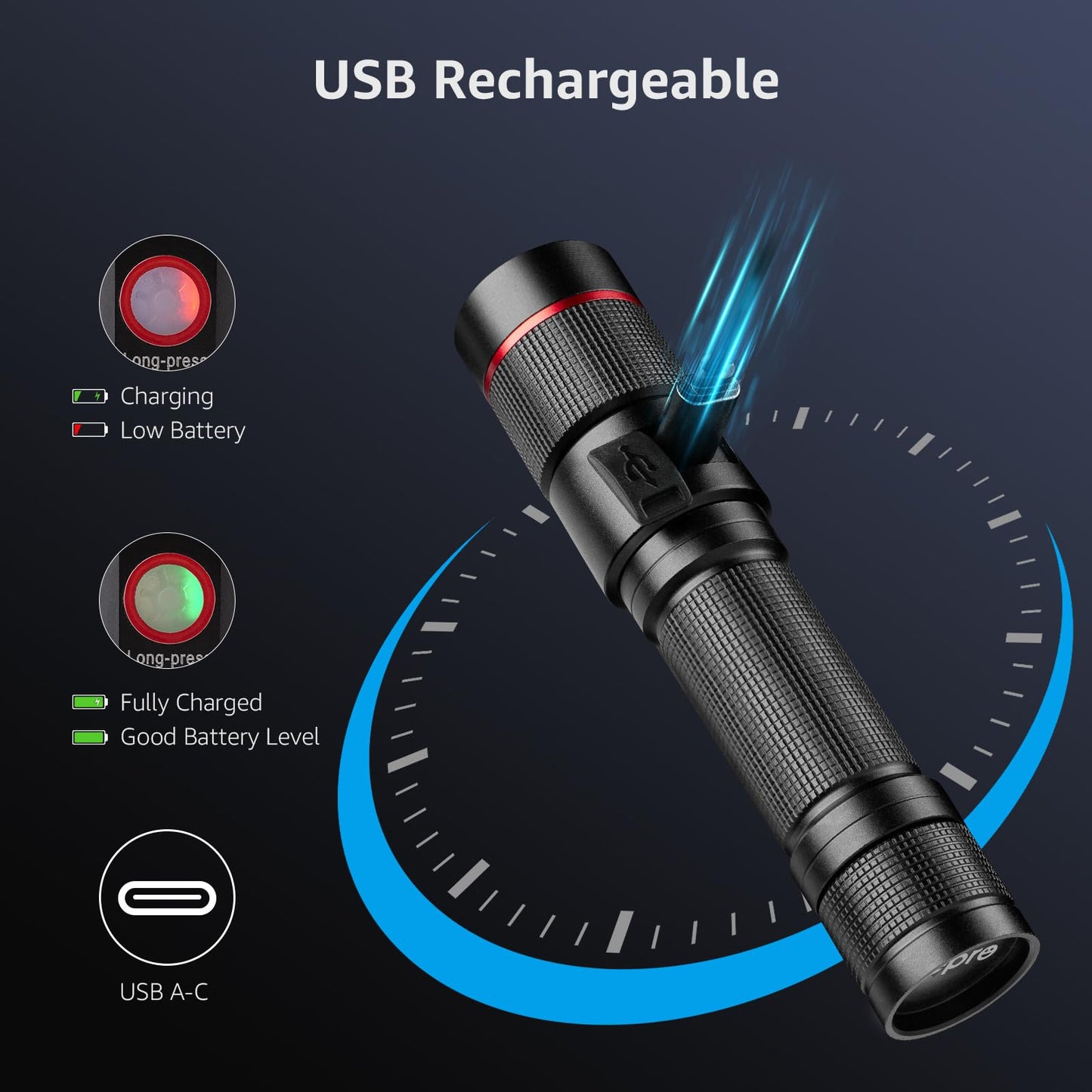 Lepro LED Flashlight Rechargeable, 3W 7500K, 5V Input, with Type-A to Type-C Cable, IPX4 Waterproof, Zoomable, 5 Lighting Modes, 150LM