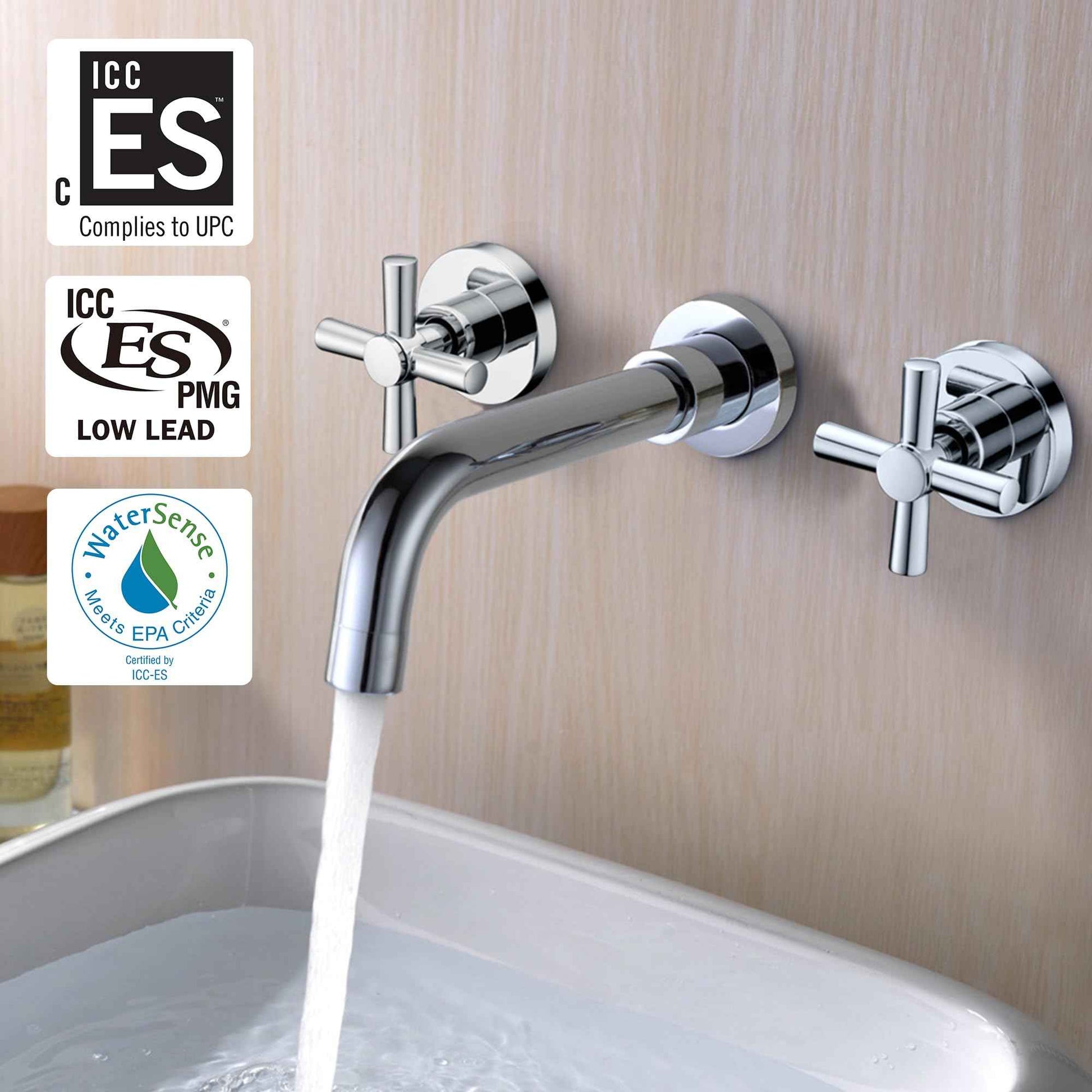 sumerain Wall Mount Bathroom Faucet,Cross 2-Handle in Modern Chrome Finish,Rough-in Valve Included