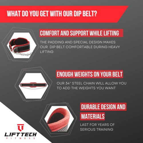 Lift Tech Fitness Dip Belt for Weight Lifting - Pull Up Weight Belt for Men and Women - Weight Belt with Chain for Powerlifting, Strength Training - Waist Belt for Weight Lifting - One Size
