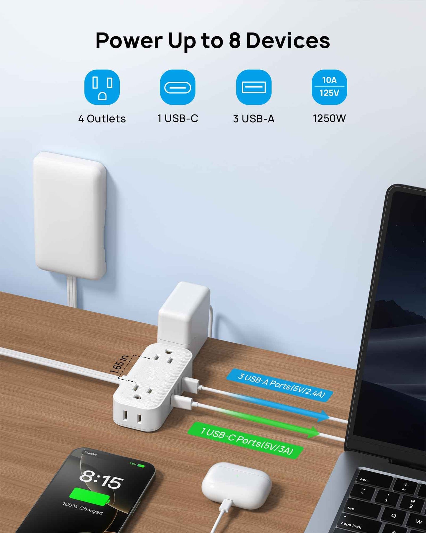 TROND Flat Plug Power Strip with Outlet Cover - 10ft Flat Extension Cord Outlet Extender Concealer with 4 AC 4 USB Ports, Fit Standard Size Wall Plate for Kitchen Home Office to Hide Messy, White