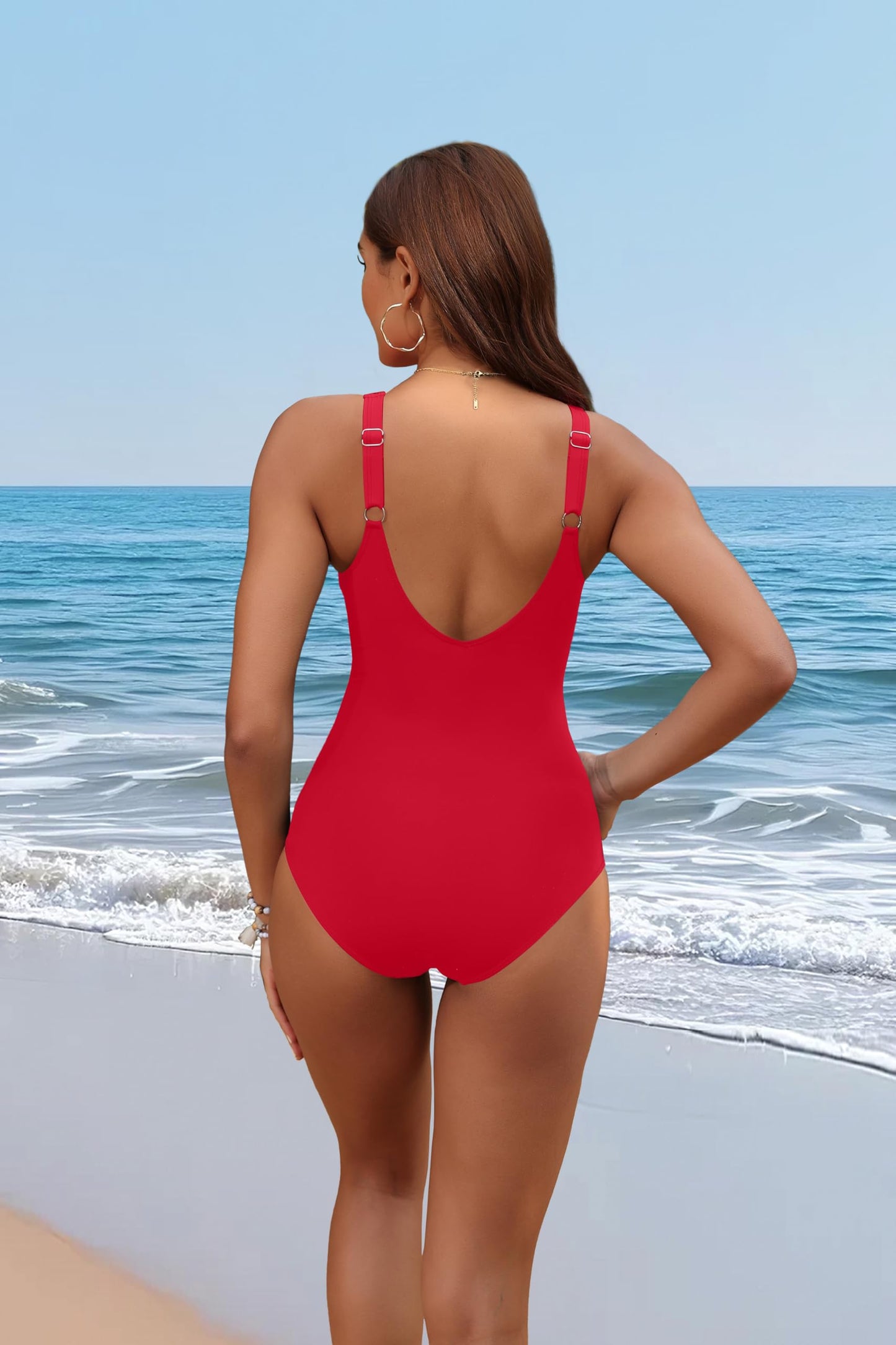 Red Tummy Control One Piece Swimsuit Full Coverage Bathing Suit S