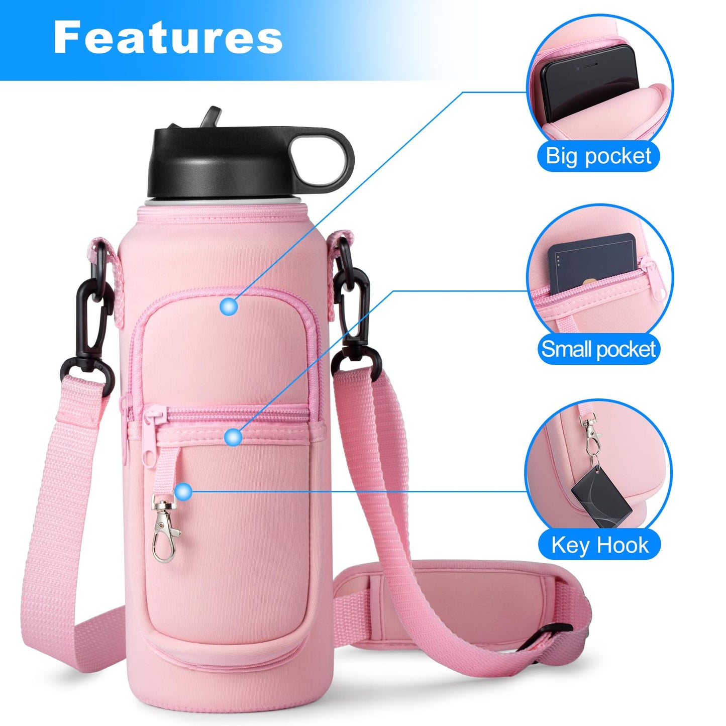 RRegeny Water Bottle Holder with Strap for Hydroflask 32oz 40oz, Carrier Sling Bag with Phone Pocket Sleeve for Men Women Hiking Camping Travelling（Pink 40oz）