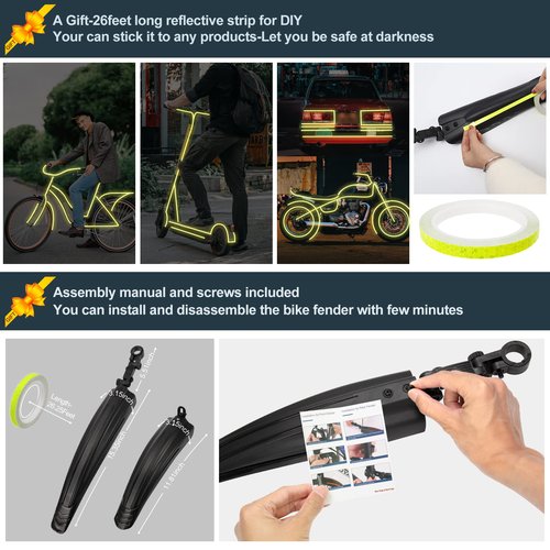 R2Depot Bike Mudguard Set with 8M DIY Reflective Tape, 2 Parts-Universal Full Cover Thicken Widen Bicycle Fender Set, Front/Rear Mud Guards Fit for 20"/22"/24"/26" MTB Mountain Road Bike(Black Green)