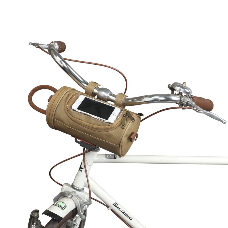 TOURBON Waxed Canvas Bicycle Top Tube Bag Bike Handlebar Basket (Khaki with phone holder)