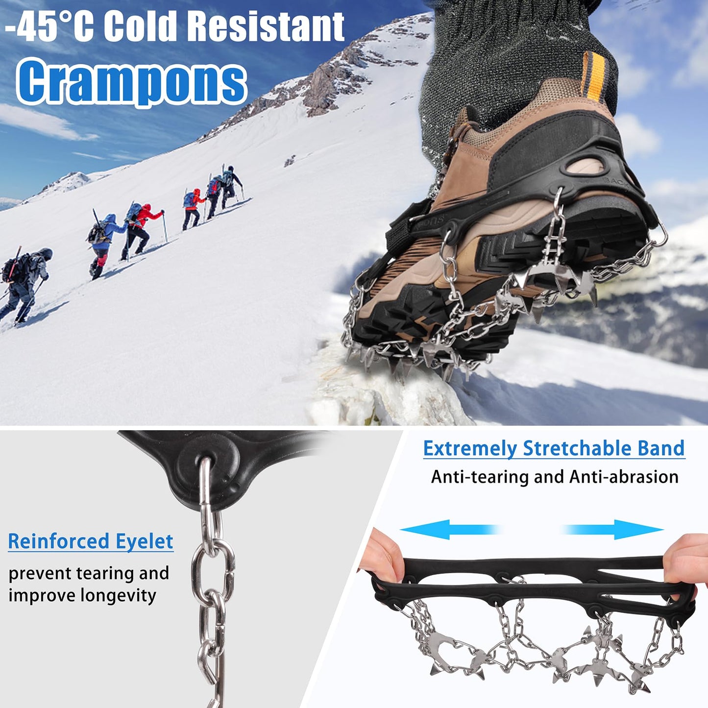 Crampons 19 Spikes Shoes Anti Slip Ice Cleats for Shoes and Boots, Traction Snow Cleats Crampons for Hiking Boots Women Men Safe Protect for Winter Walking Hiking Ice Fishing, Size XL
