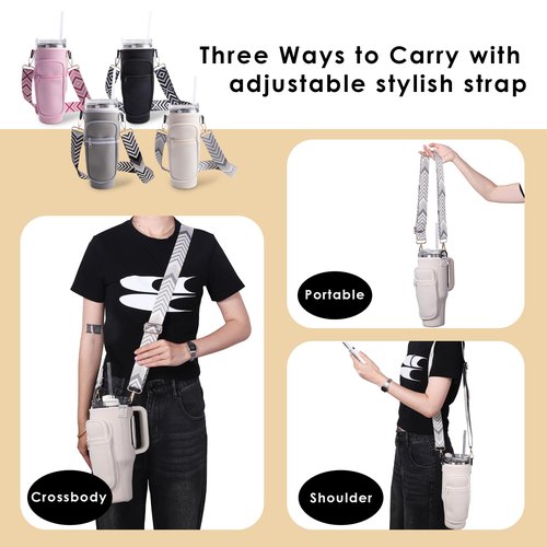 Water Bottle Carrier Bag with Phone and Cards Pockets 40/30oz Tumblers Water Bottle Holder with Adjustable Strap - Ideal Fit for Stanley Cup(White)