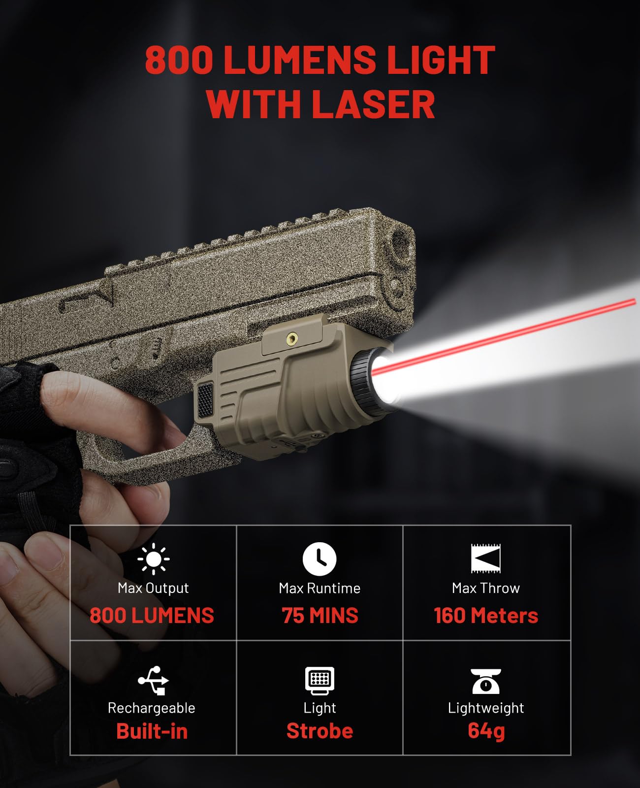 EZshoot 800 Lumens Pistol Light Laser Combo Rechargeable, Pistol Flashlight with Slidable Rail Compatible with Glock and Picatinny Rail, Gun Light with Red Laser Beam, Desert Tan
