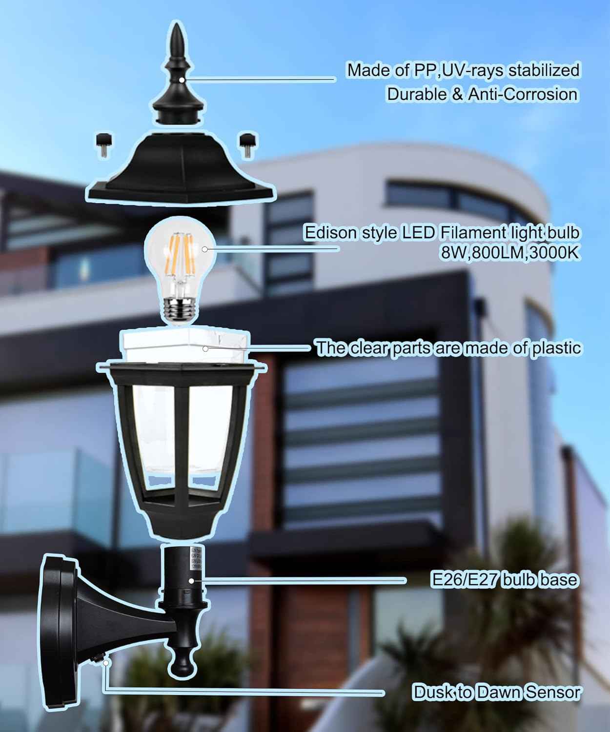 Outdoor Wall Light with Dusk to Dawn Sensor - 2-Pack LED Lanterns for Porch & Garage