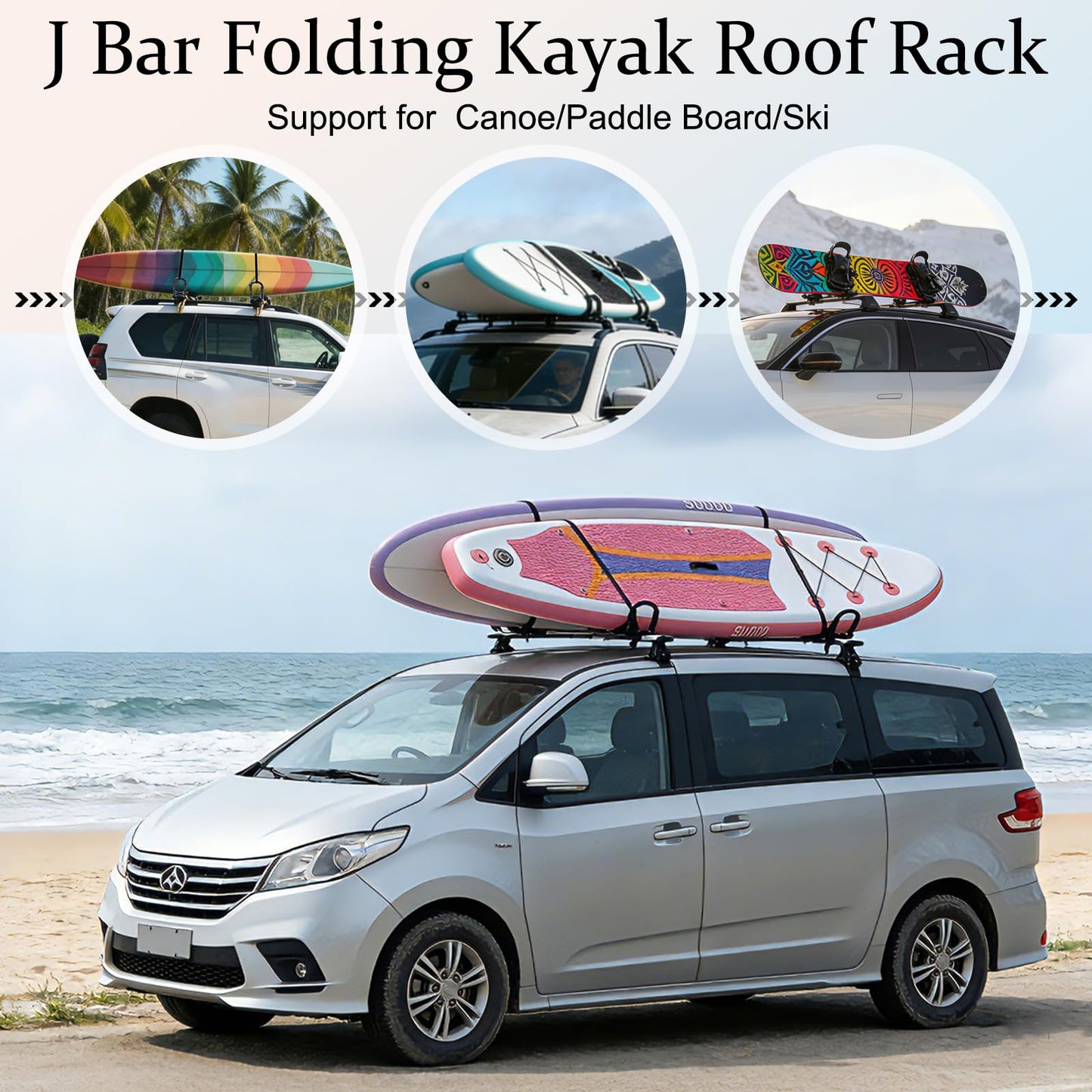 SUDOO Folding Kayak Roof Rack 2 Pairs 4pcs Foldable J-Bar Heavy Duty Kayak Carrier Universal Fit for Square Oval Factory Crossbars for Kayaks Canoes Surfboards Ski Boards
