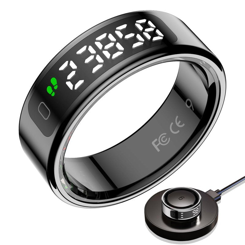 Walpck Smart Ring with LED Display Screen,Sleep&Fitness Tracking Wearable for Women/Men,Accurate Monitoring of Pedometer, Heart Rate,Blood Oxygen (R11, Black, 10)