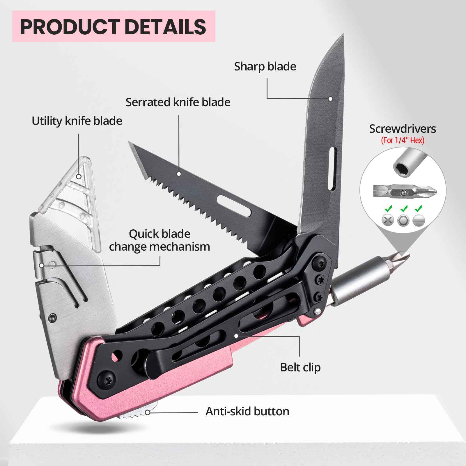 KAMBOLLY Pink Box Cutter Knife, Folding Utility Knife, 6 in 1 Razor Pocket Utility Knives Multitool with Clip, 5 Razor Blades, Screwdriver, Saw, Safe Lock, Work Knives, EDC Gadgets Gifts for Men Women