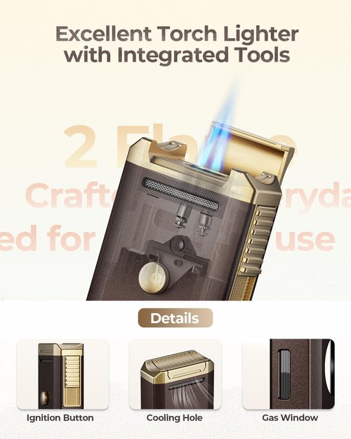 All-in-one Torch Lighter with Holder, Pop Out Cutter, and Dual Jet Flame, Gifts for Men, Multi-Functional Lighter Accessories, Adjustable & Windproof Flame, Refillable Butane Lighter for Travel