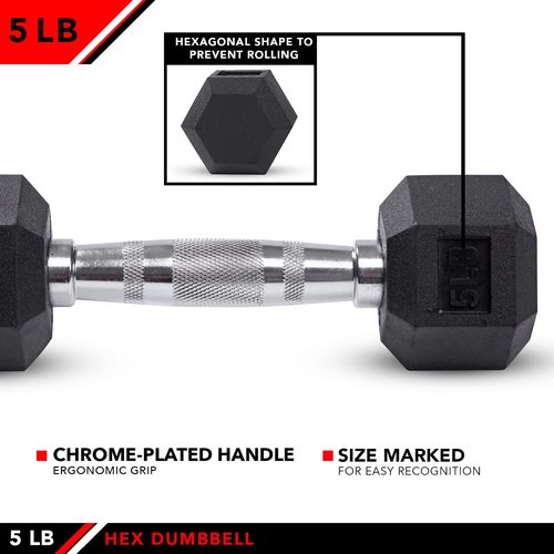 JFIT Rubber Hex Dumbbell, 5 LB, Single