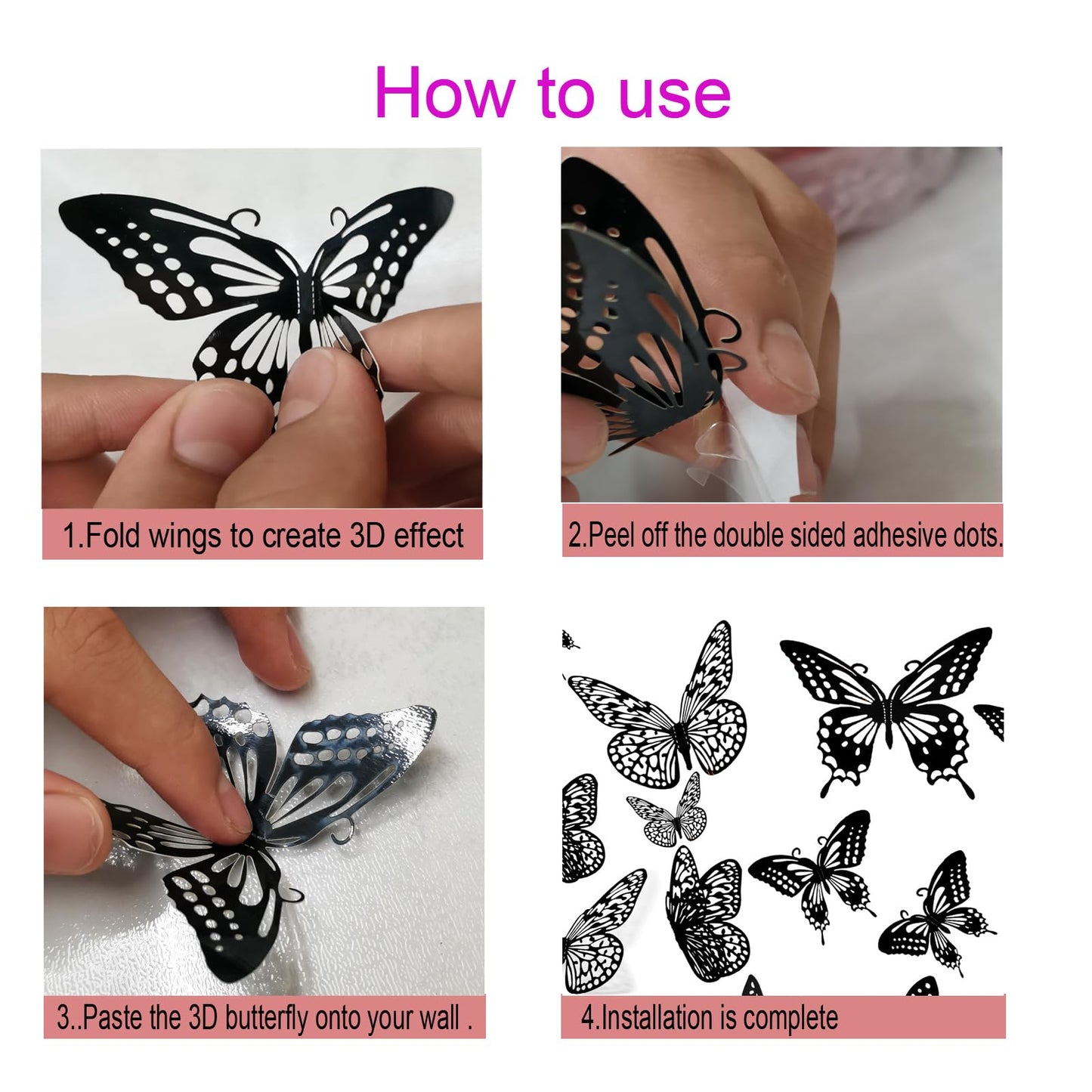 3D Butterfly Wall Decorat 48 Pcs 3 Sizes 4 Styles, Birthday Decorations Butterflies Party & Cake Decoration-Removable Gold Decorations (Black48 pcs)