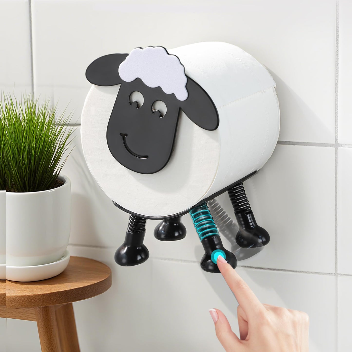 YIGII Sheep Toilet Paper Holder, Multifunctional 2 in 1 Adhesive Stainless Steel Toilet Roll Holder Stick on Wall or Free Standing, Funny Cute Bathroom Decor, Matte Black