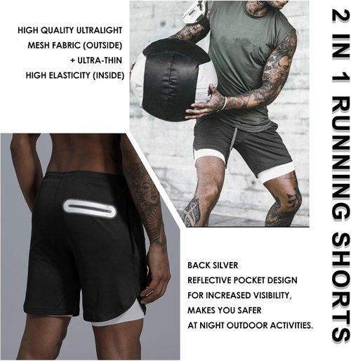 Leidowei Men's 2-in-1 Workout Running Shorts - Lightweight Training Yoga Gym Shorts with Zipper Pockets | 7" Length