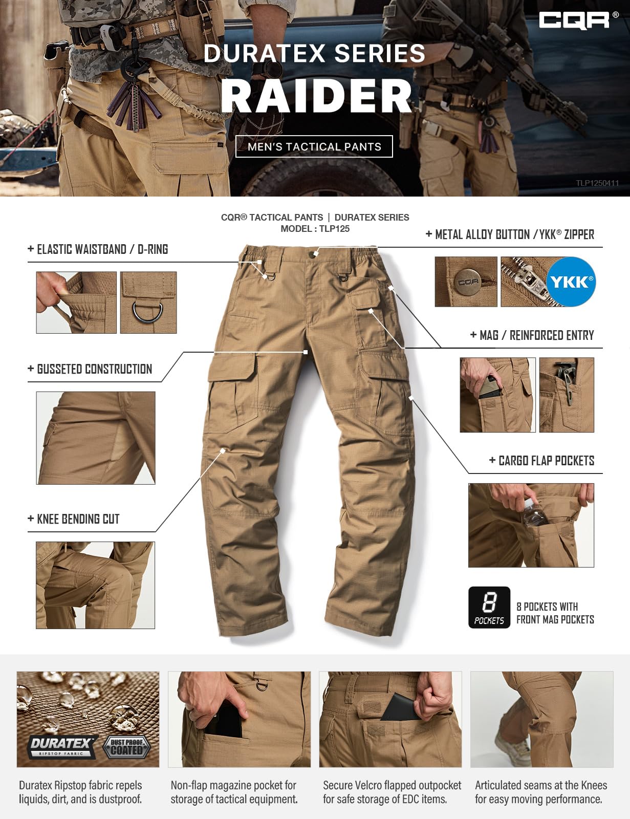 CQR Men's Tactical Pants, Water Resistant Ripstop Cargo Pants, Lightweight EDC Work Hiking Pants, Outdoor Apparel, Raider Mag Cougar, 36W x 30L