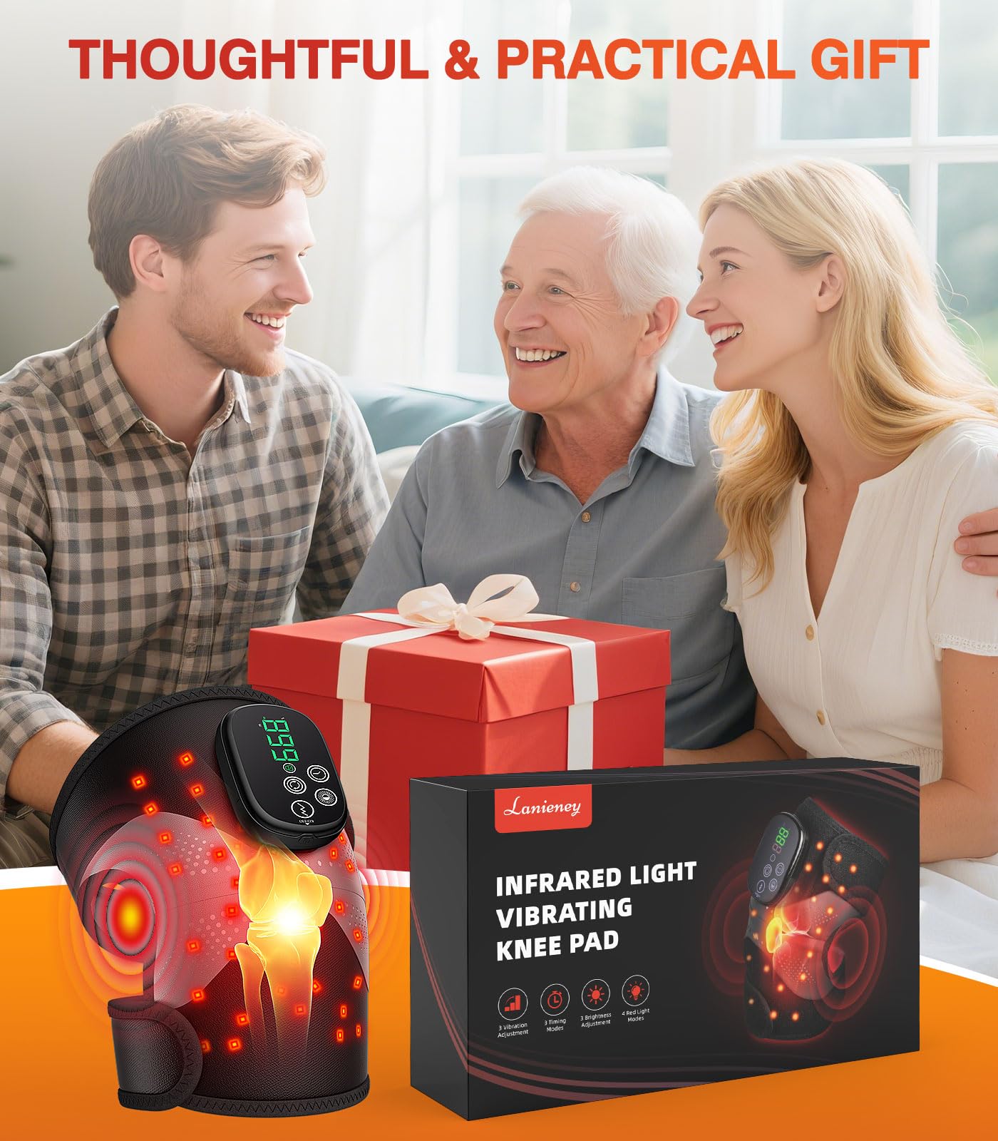 Lanieney Knee Massager with Heat and Red Light Therapy, Knee Brace with Vibration, 5000mah Wireless Cordless,660nm & 850nm Red Light Therapy Adjustable Knee Wrap for Knee/Elbow/Shoulder Pain Relief