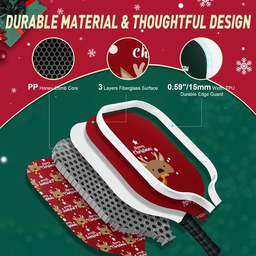 Amoswiz Pickleball Set of 4 – 2 Adult & 2 Kid Fiberglass Family Pickleball Paddles, Lightweight Honeycomb Core, Fun Gift Set with 4 Balls & Carry Bag for Beginners, Family Snow Man