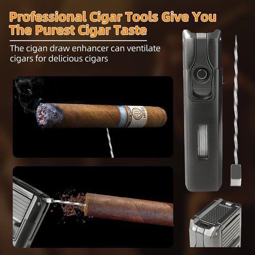 CIGAROL Cigar Lighter, 5-in-1 Cigar Torch Lighter, Double Jet Flame, V Cutter, Punch, Draw Enhancer & Cigar Rest – Butane Refillable Travel Cigar Lighter for Men