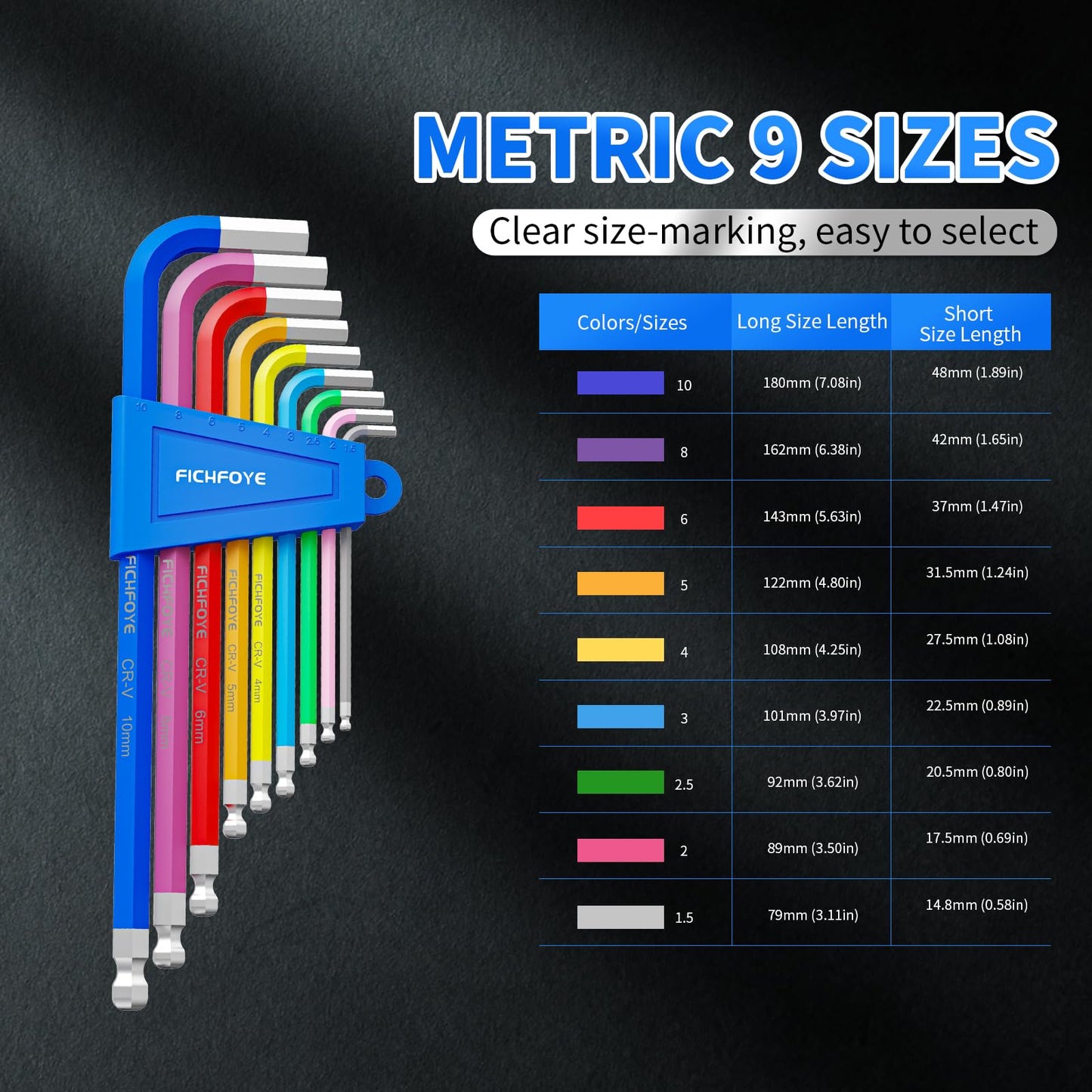 FICHFOYE 9PCS Metric Allen Key Set, Color Coded Hex Key, 1.5-10MM Anti-Slip Long Ball End Hex Wrench Set Ideal for Dismantling Machinery, Equipment, Vehicle, and Bicycle Maintenance