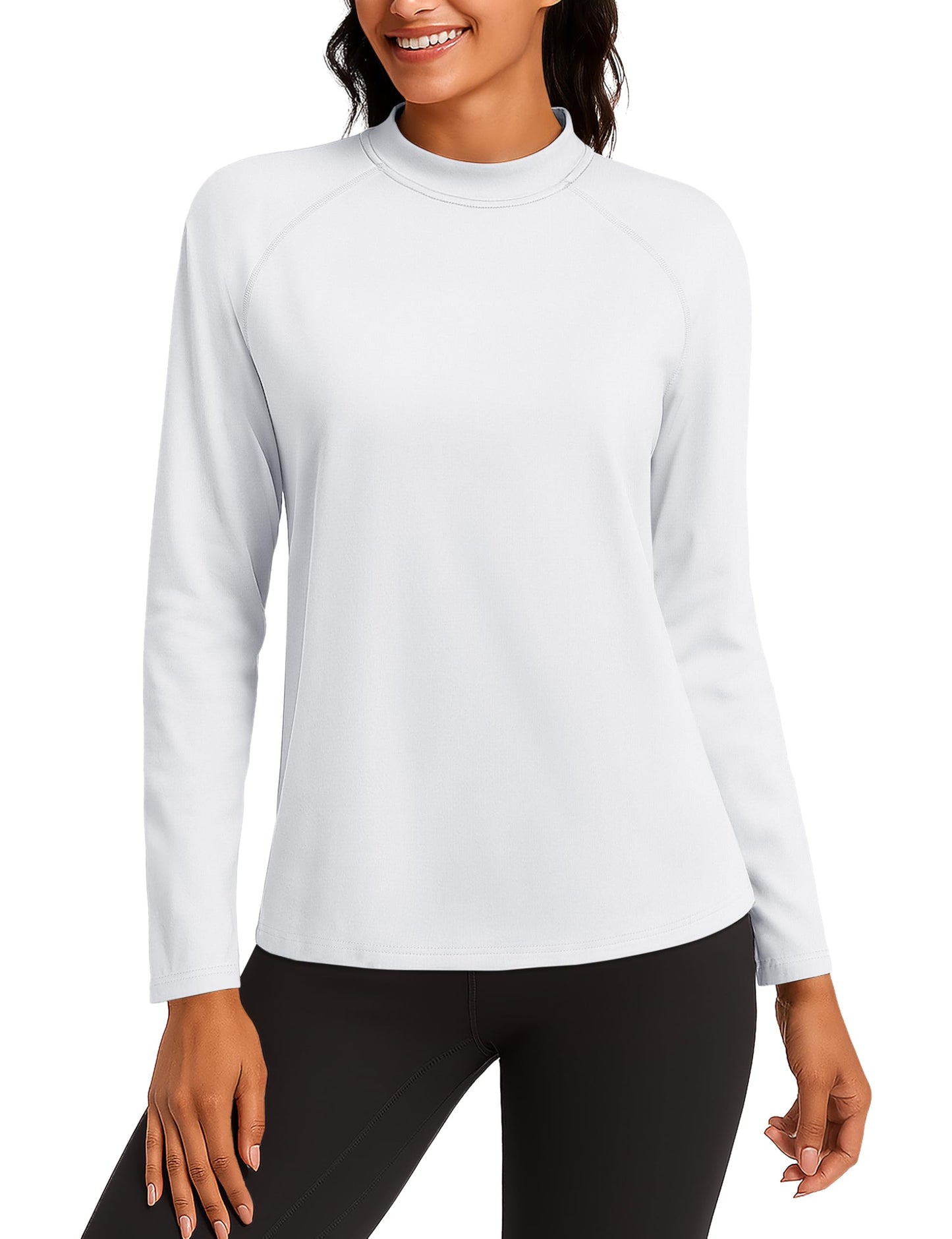 TACVASEN Mock Neck Tops for Women Fleece Lined Thermal Shirt Long Sleeve Workout Running Base Layer Casual Cold Weather Gear White,M