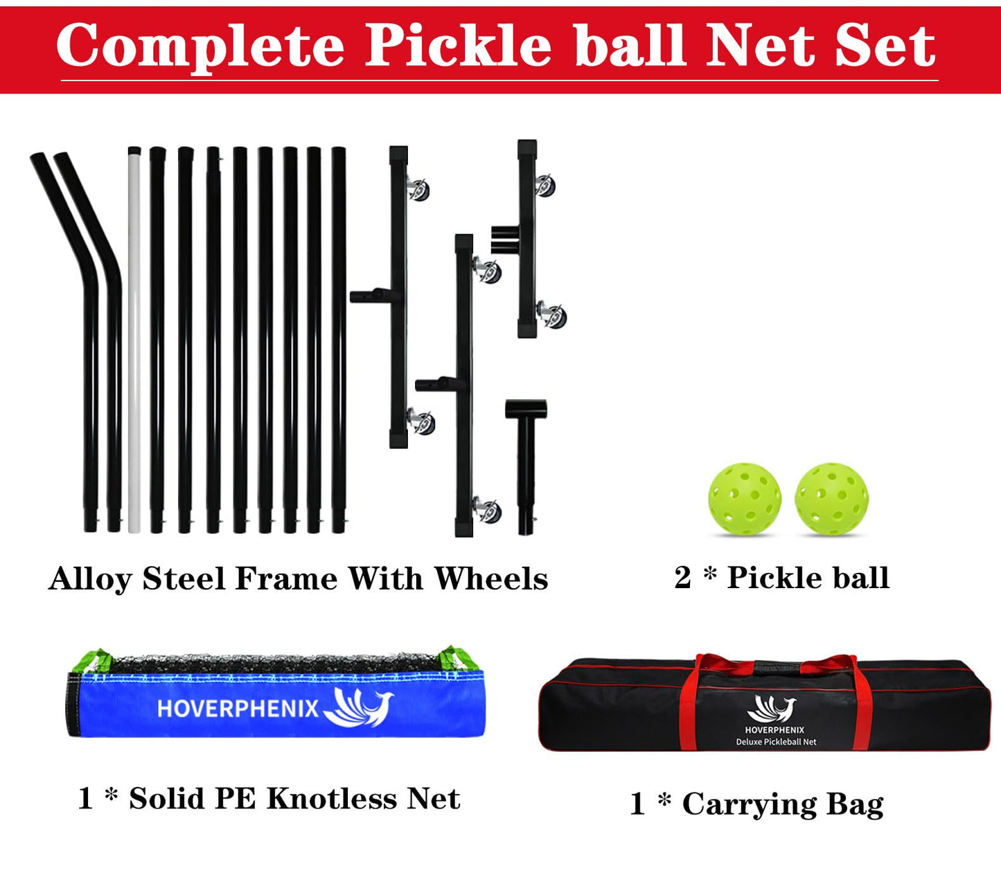 Portable Pickleball Net with Wheels, 22FT Regulation Size Pickle Ball Net with Pickleballs, Carry Bag for Home, Driveway, Backyard, Indoor or Outdoor