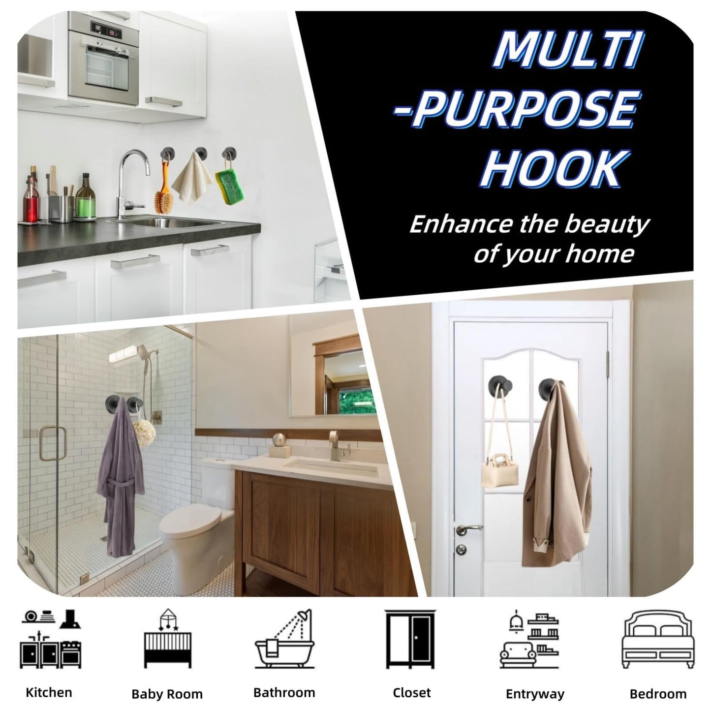 Duilahren Suction Cup Hooks for Wreaths on Glass，Removable Towel Hooks for Bathroom,Window,Glass Door,Wall, Hook for Hanging Bath Robe,Looafh,Name Sign on Front Door,2 Pack,Black