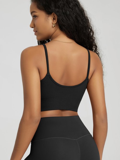 ODODOS 3-Pack Seamless Sports Bra for Women Ribbed Camisoles Non Padding Yoga Bra Crop Tank Tops, Taupe+Black+Charcoal, X-Large