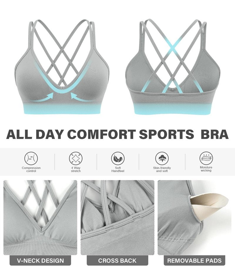 VEQING 3 Pack Women's Seamless Sports Bra - Deep V Neck Wirefree Yoga Bras with Removable Pads, Crisscross Strappy Back Comfortable Low Impact Workout Bralette for Small Chests, Daily Wear