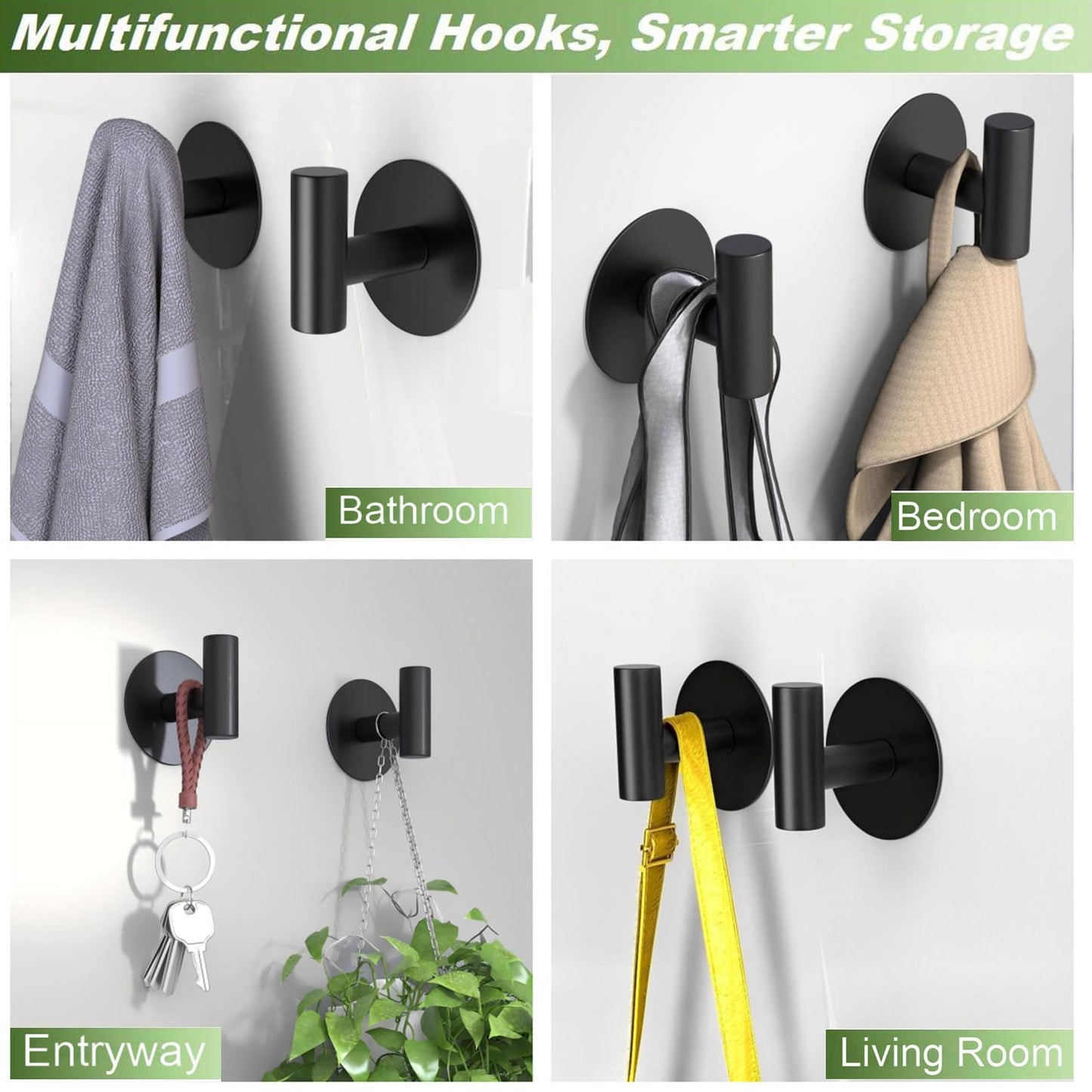 VINHOLD Self-Adhesive Coat Hooks, Stainless Steel Heavy Duty Wall Hooks, Towel Hooks for Hanging Robes, Aprons, Coats and Hats in Bathrooms,Kitchens and Hotels(2 Pack, Black)