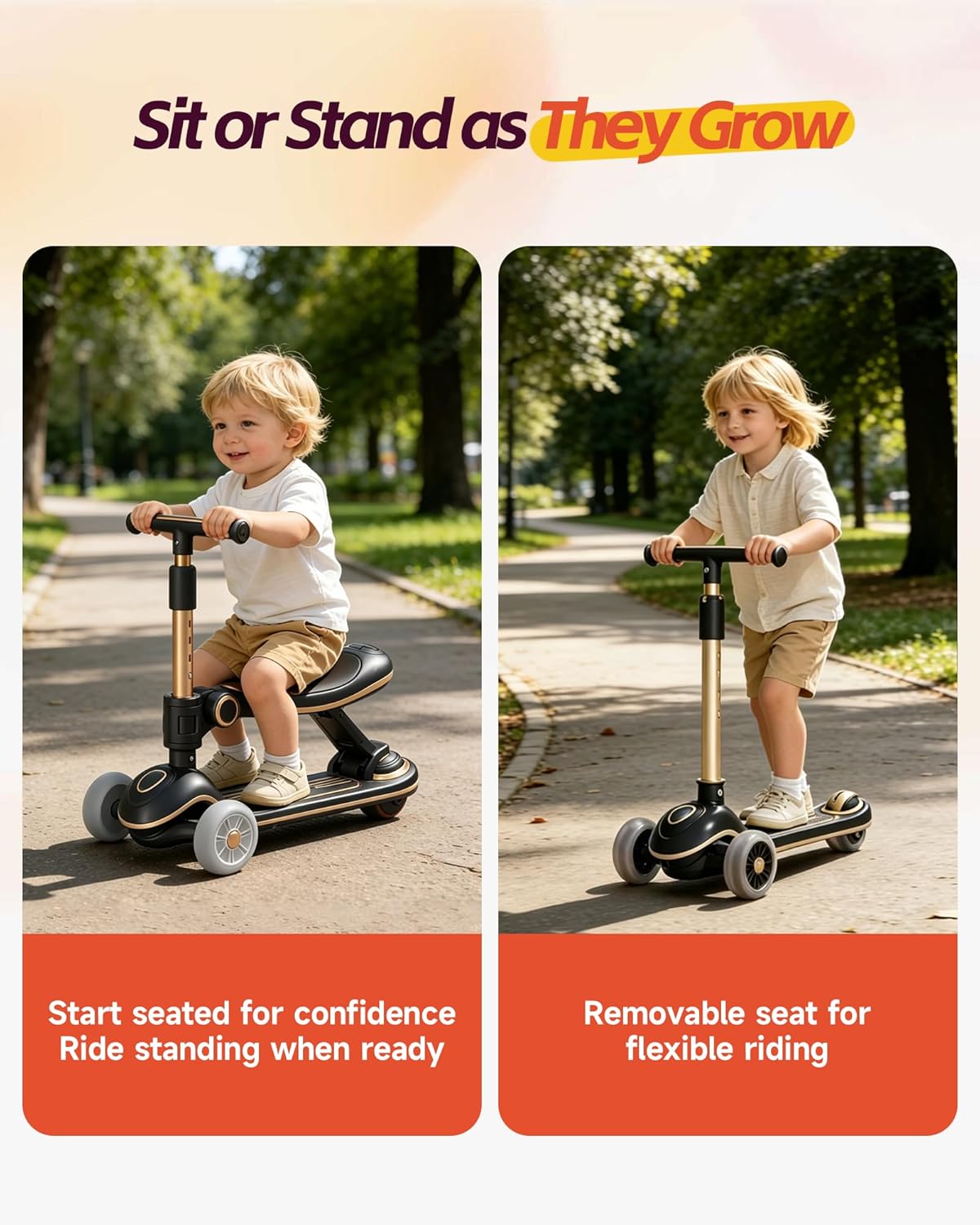Skiennix 2-in-1 Toddler Scooter - Sit-to-Stand Design for Kids Ages 2–5 | Adjustable Handlebars & Light-Up Wheels