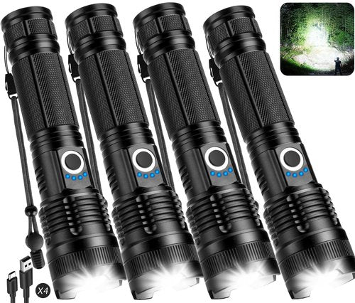 Kmivo Flashlights Rechargeable LED High Lumens - 4 Pack 90,000LM Super Bright Flashlight, Adjustable Powerful Flash Light with 5 Modes, Waterproof Handheld Flashlight for Home, Camping