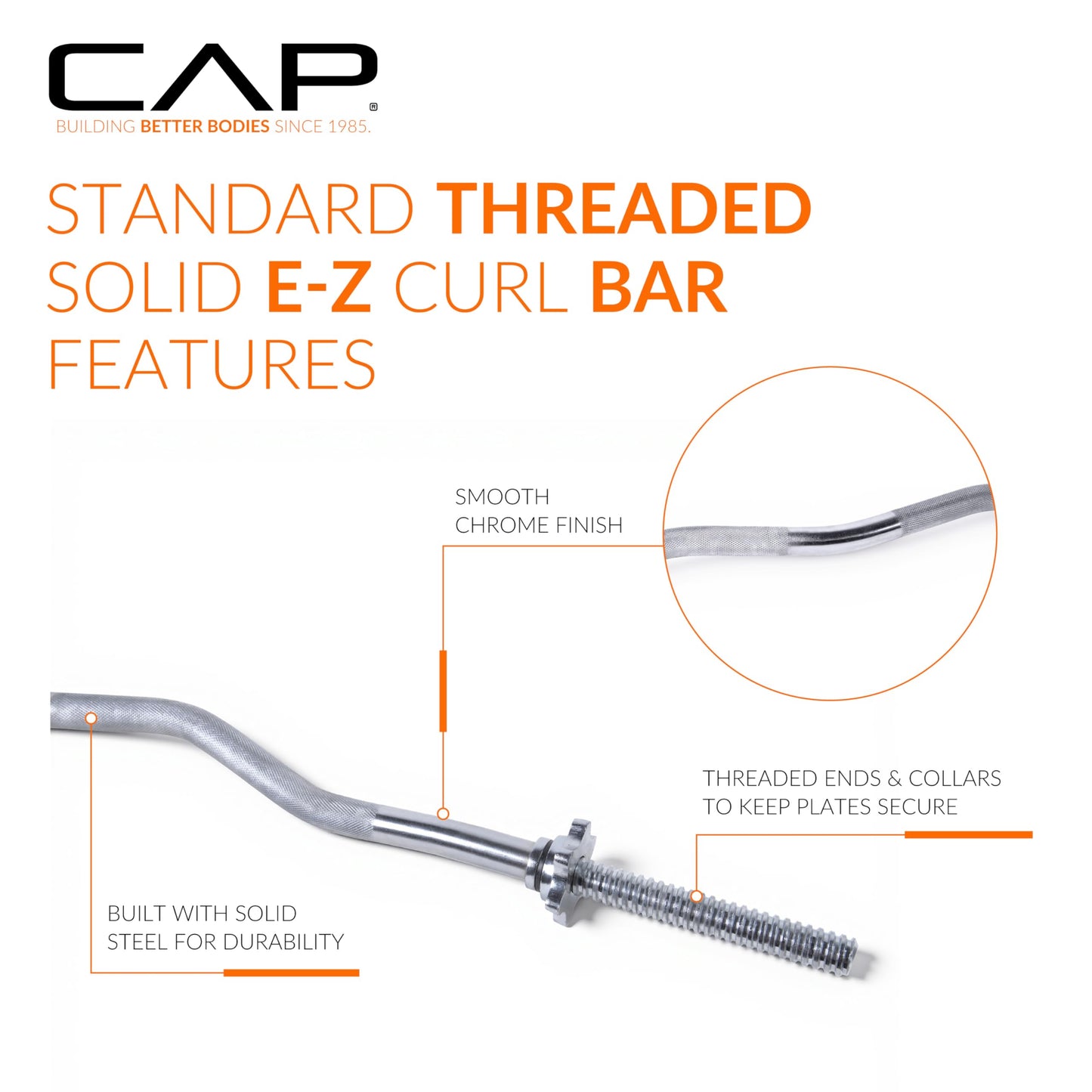 CAP Barbell Standard 1-Inch Threaded EZ Curl Bar with Spinlock Collars – Solid Steel Curl Bar for Bicep & Tricep Workouts, Strength Training, and Home Gym Weightlifting - Chrome