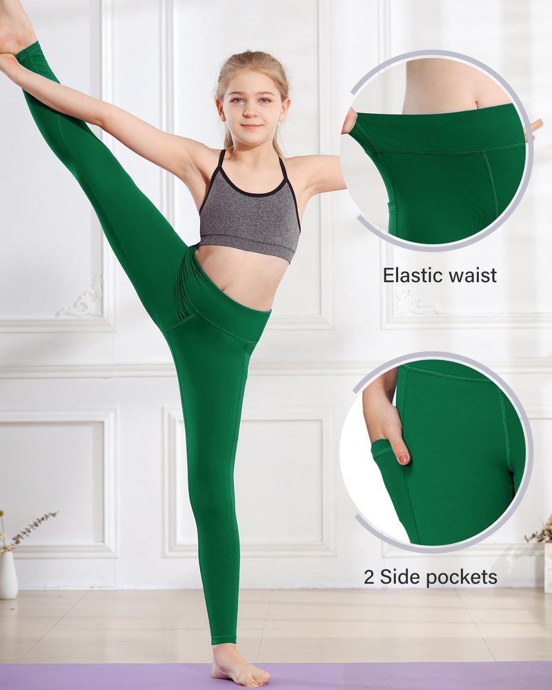 Stelle Girls' Athletic Leggings Kids Dance Running Yoga Pants Workout Active Dance Tights with Pockets (Evergreen, 8-9 Years)