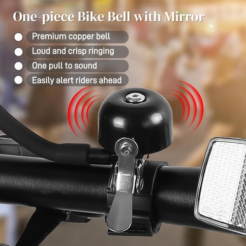 Goucrro Bike Bell with Mirrors: 360° Adjustable Safety Bicycle Rear View Mirror, Copper Bicycle Bell, Universal Fit for MTB/Rode Bike Handlebars, Bike Accessories (Black-Left)