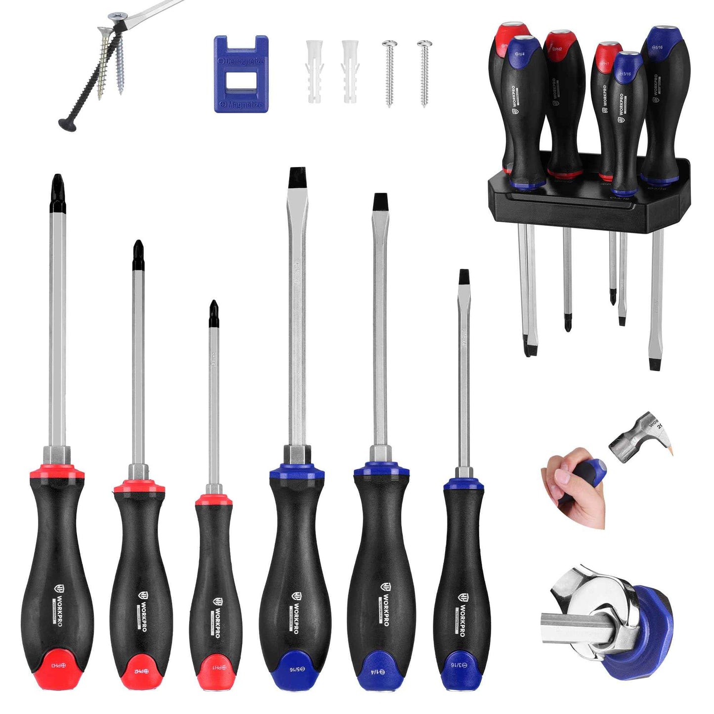 WORKPRO Magnetic Screwdriver Set 12-Piece, Go-Thru Screw Driver Set Kit with Wall Mount Rack, Includes Slotted & Phillips Screwdrivers, Magnetic Screwdriver with Magnetizer Demagnetizer Tools
