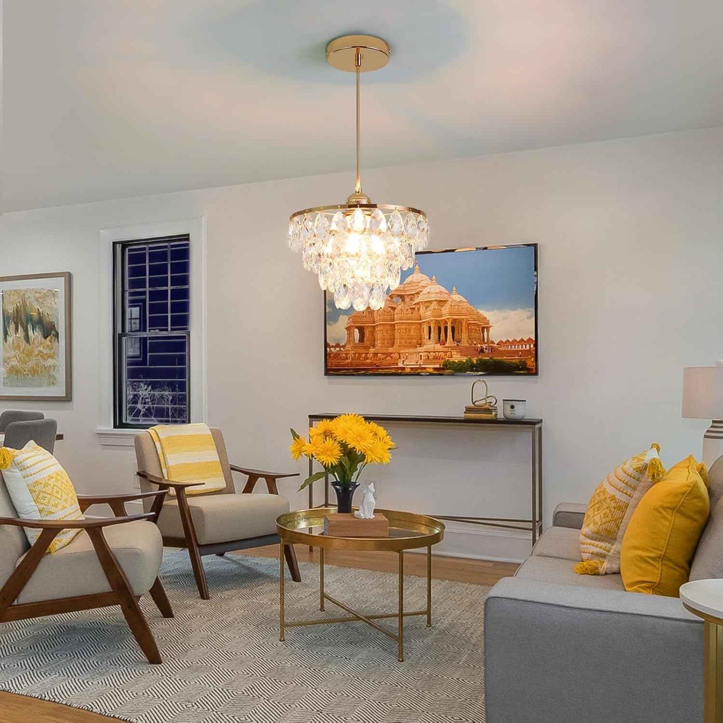 Gold Crystal Mini Chandelier - Modern Flush Mount Ceiling Light for Hallway & Bedroom