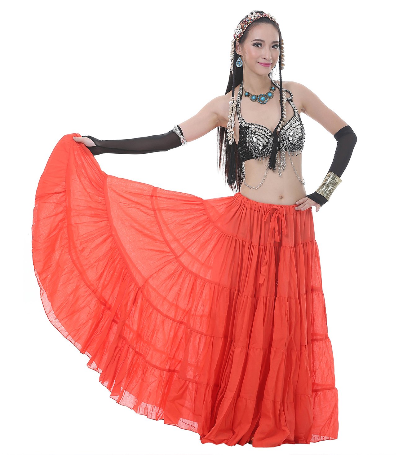 Astage Woman Belly Dance Full Circle Maxi Trible Skirts Linen Bohe Dress Orange