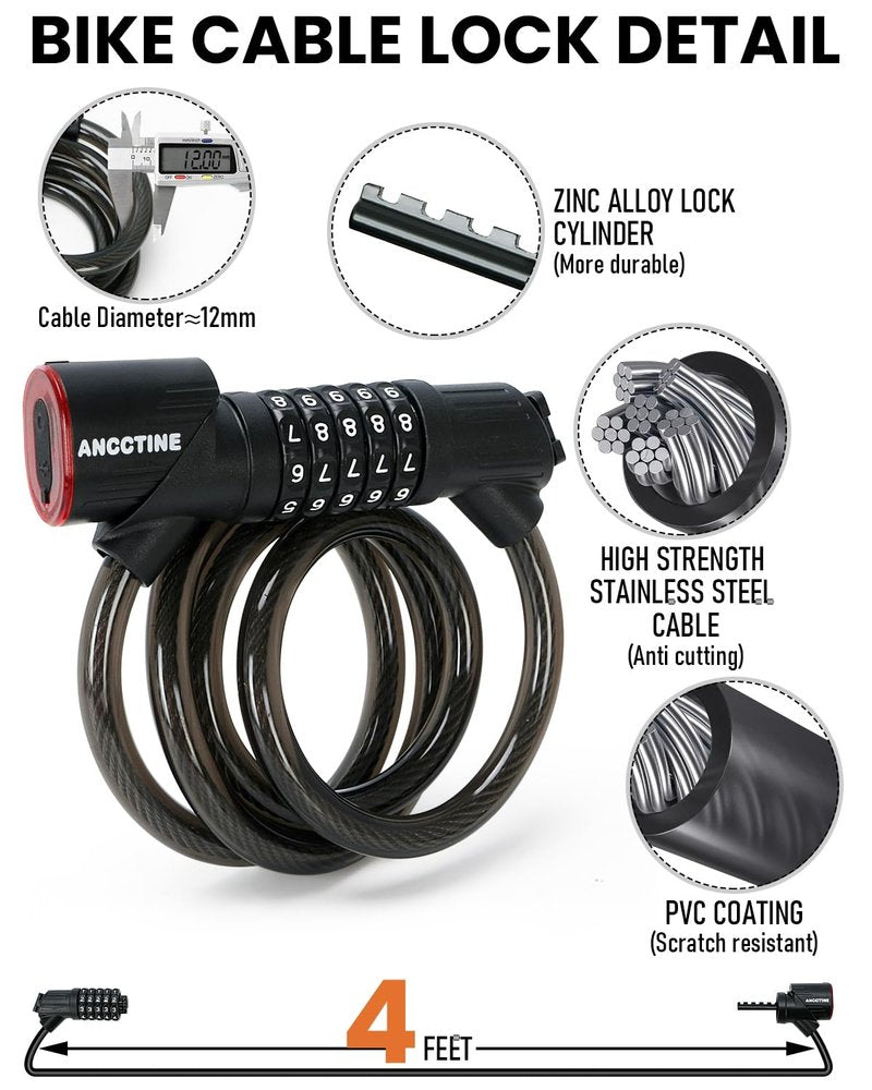 Combination Bike Lock Cable - with LED Bike Tail Light and Keypad Light, IPX6 Waterproof Heavy Duty Strong Anti-Theft 5 Digit Keyless Cable Lock, for Kids Adult Bike Accessories (4FT, Black-0.5 inch)