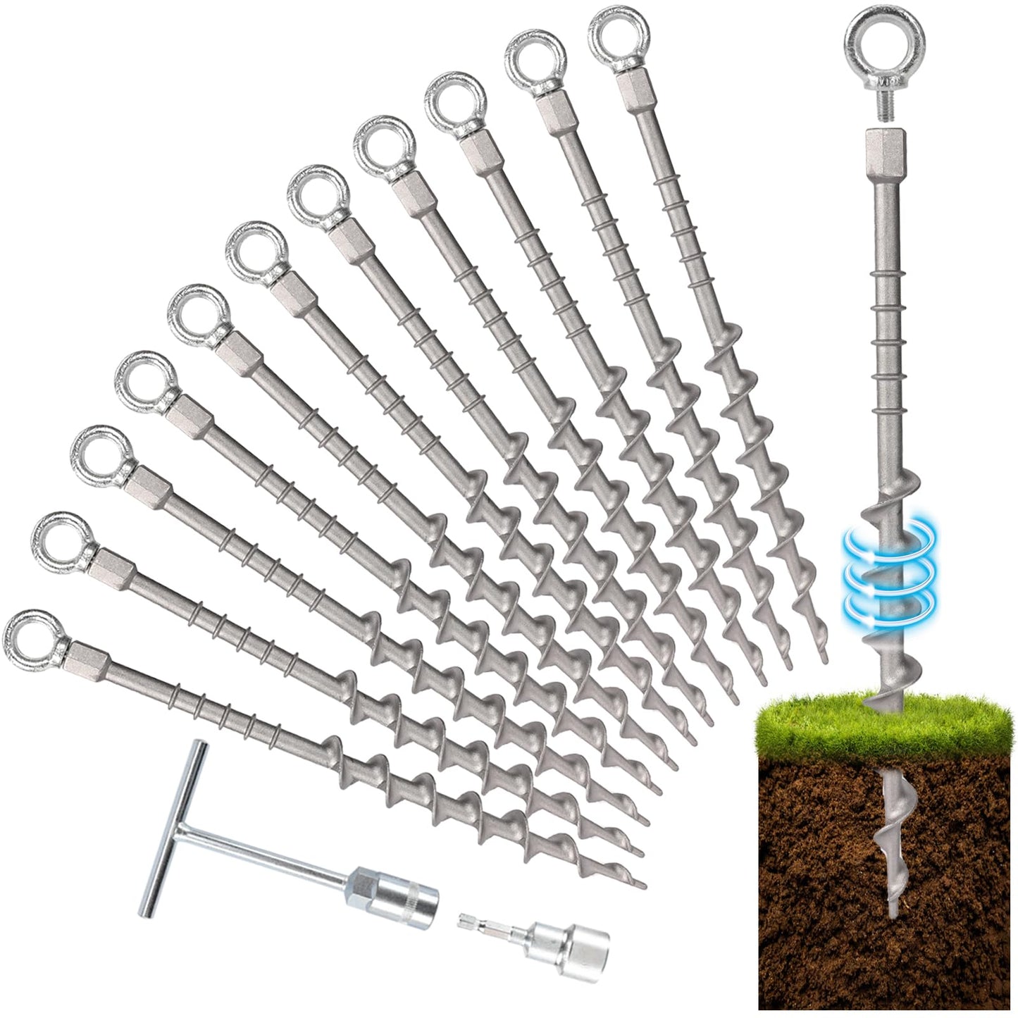 Keltrion 12 Pcs 14" Ground Anchors Screw in Spikes Non-Rust Cast Aluminum Detachable Tent Stakes for Camping Tents, Garden, Sand, Trampoline, Swing Sets and Sheds