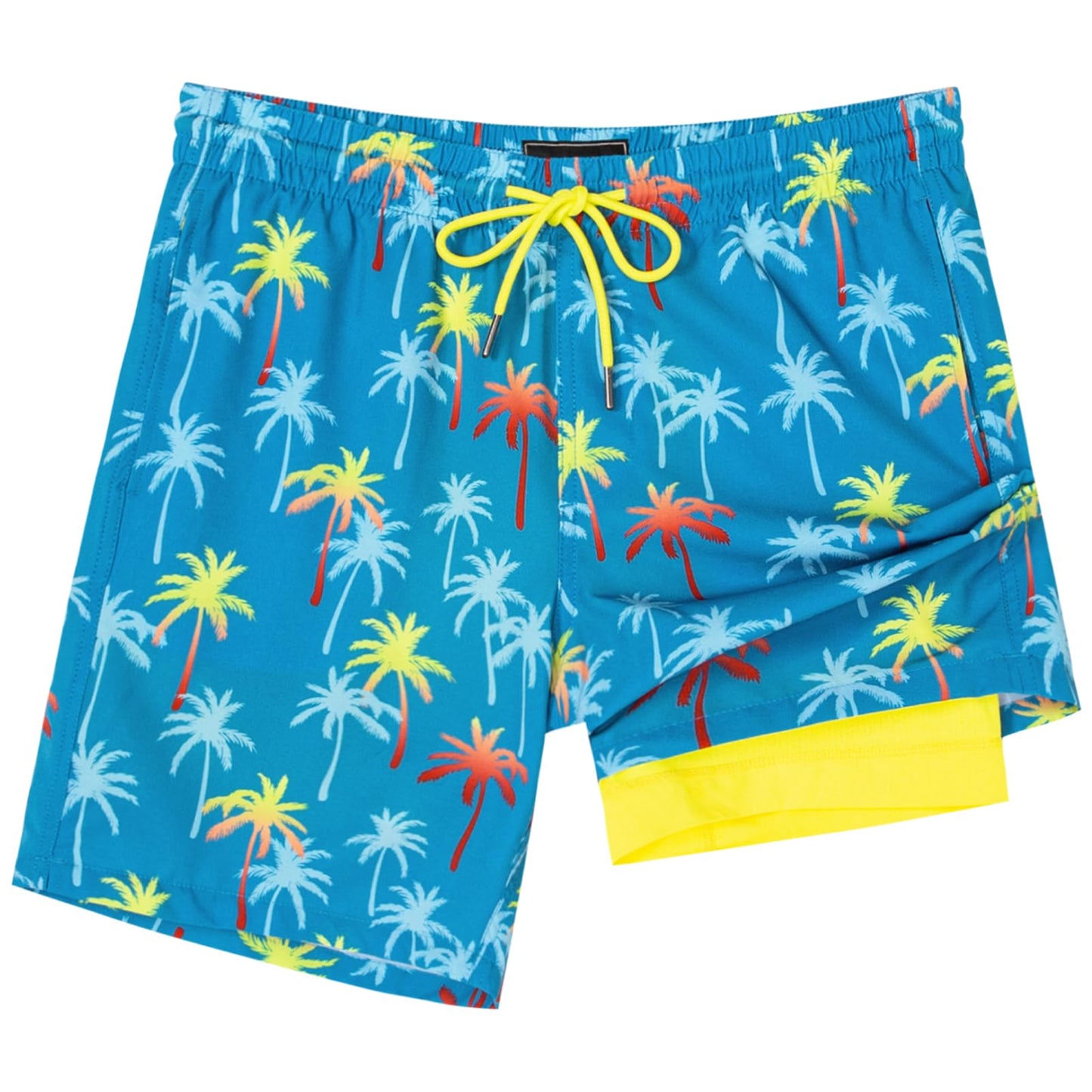SURF CUZ Mens Swim Trunks with Compression Liner Quick Dry Swim Shorts 7" Swimming Trunks Stretch Zipper Pockets,Blue Green Coconut Tree,M