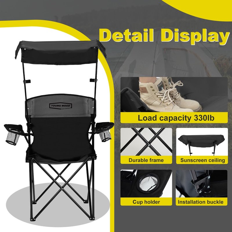 YOUNG WOOD Camping Chair with Canopy, Beach Chair with Shade,Portable,Lightweight Oversized for All, Easy to Open and Close Without Installation, Side Pocket Design for All Outdoor Activities，Black
