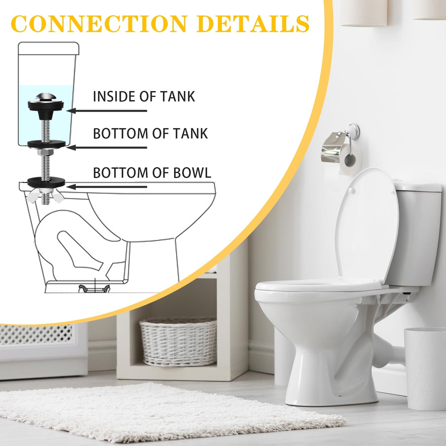 4PCS Universal Toilet Seat Bolts Kit, Heavy Duty Toilet Tank Bolts Replacement, Waterproof Stainless Steel Toilet Seat Screws and Rubber Washers Gaskets with Extra Long Nut