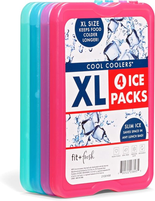 Cool Coolers by Fit & Fresh | 4 Pack XL Slim Ice Packs - Quick Freeze, Space-Saving Design for Lunch Boxes