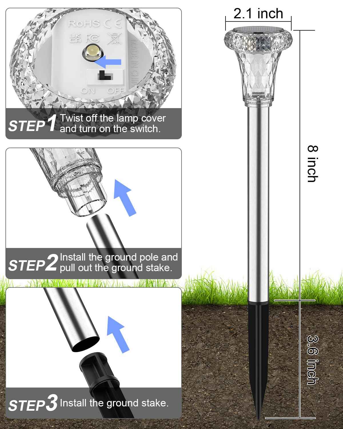 Mini Solar Pathway Lights Christmas Outdoor 12 Pack Waterproof Upgraded Bright LED Solar Garden Lights Stainless Steel Solar Powered Landscape Light for Outside Yard Lawn Decorations-Cool White