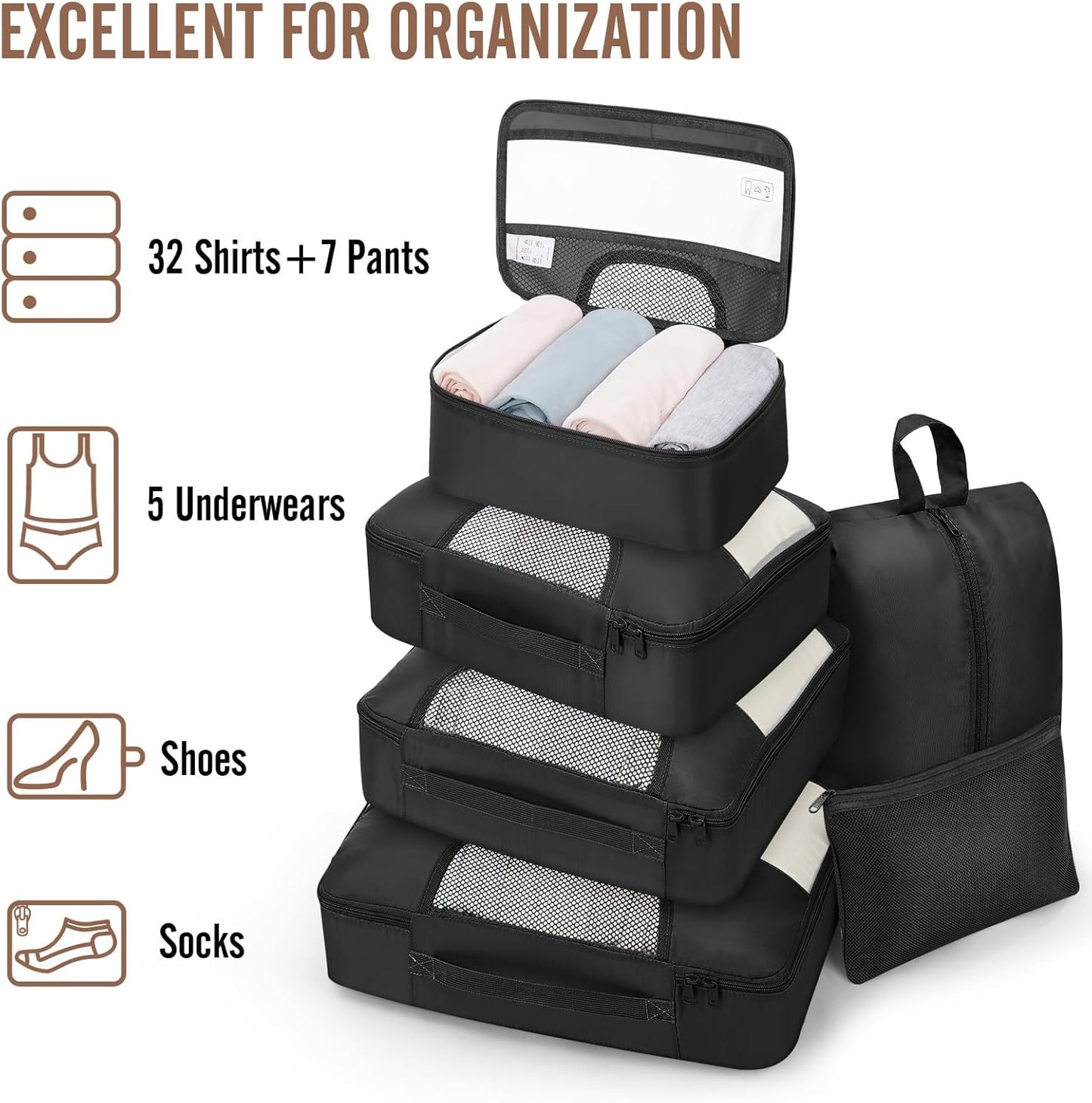 Veken Packing Cubes - Travel Organizer Bags Set with Laundry Bag & Passport Holder | 4 Sizes for Carry-On Luggage