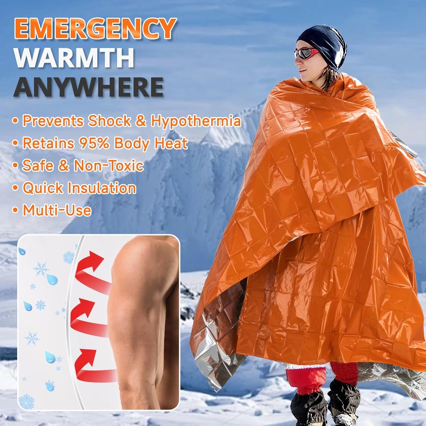 SecuCaptain Thermal Emergency Blankets - Thick 28um Mylar Kit for Cold Weather Camping | 4 Pack - Orange